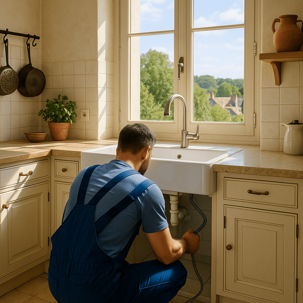 expert du débouchage canalisation Rambouillet intervenant sous un évier lumineux dans une cuisine à Rambouillet
