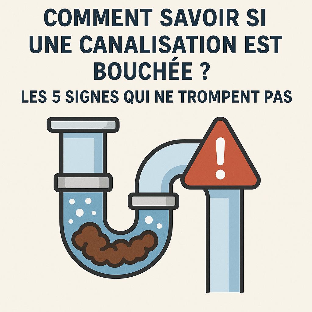 Illustration principale pour un guide sur le débouchage de canalisation à Versailles, montrant un siphon bouché avec un panneau d'alerte et le titre : "Comment savoir si une canalisation est bouchée ? Les 5 signes".