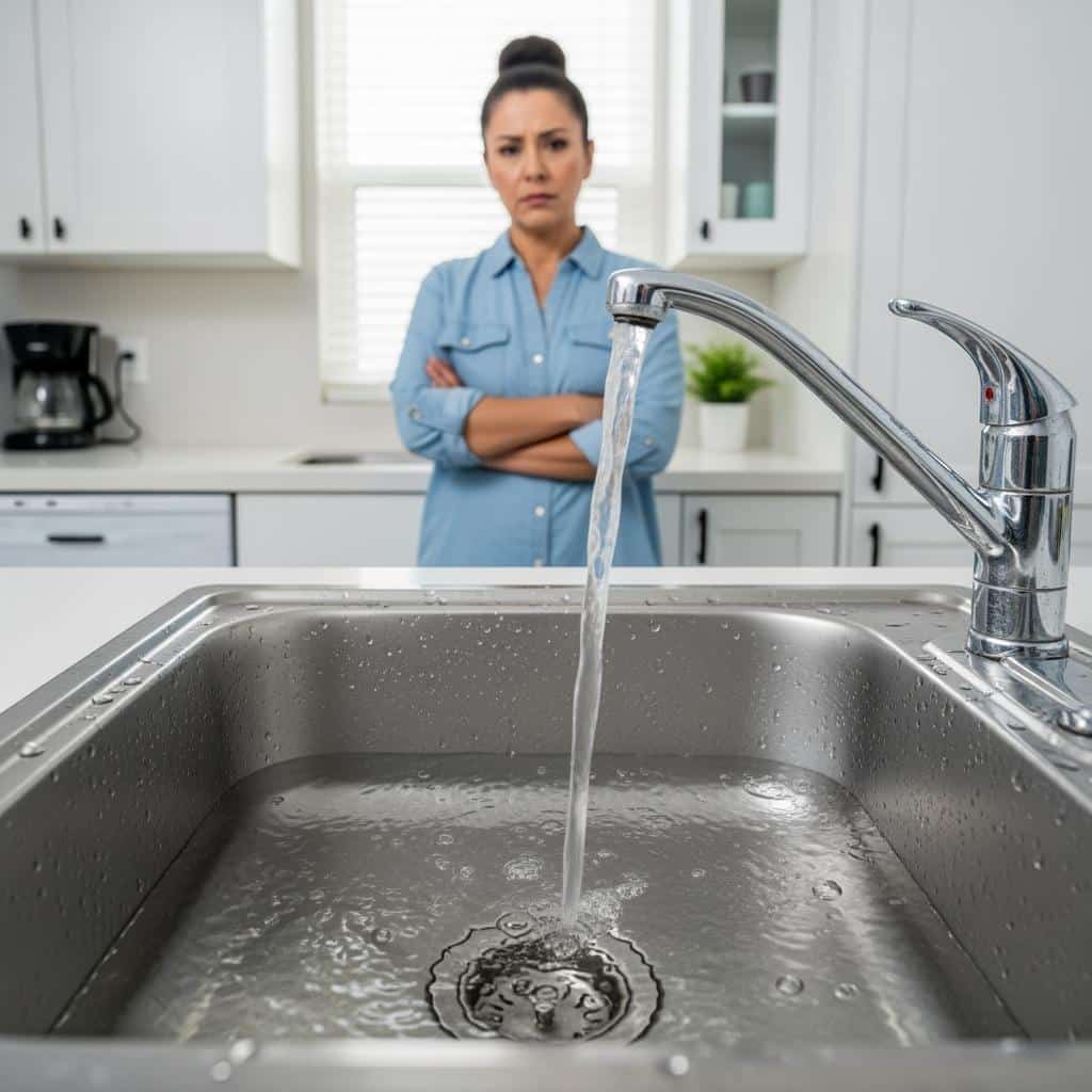 Évier de cuisine rempli d'eau stagnante, symptôme d'une canalisation bouchée nécessitant un débouchage à Versailles.