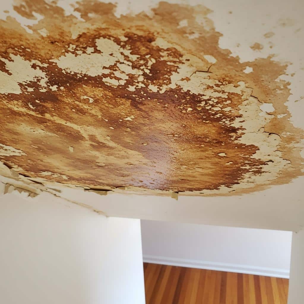 Tache d'humidité sur un plafond blanc, conséquence d'une fuite due à une canalisation bouchée, un risque de dégât des eaux à Versailles.