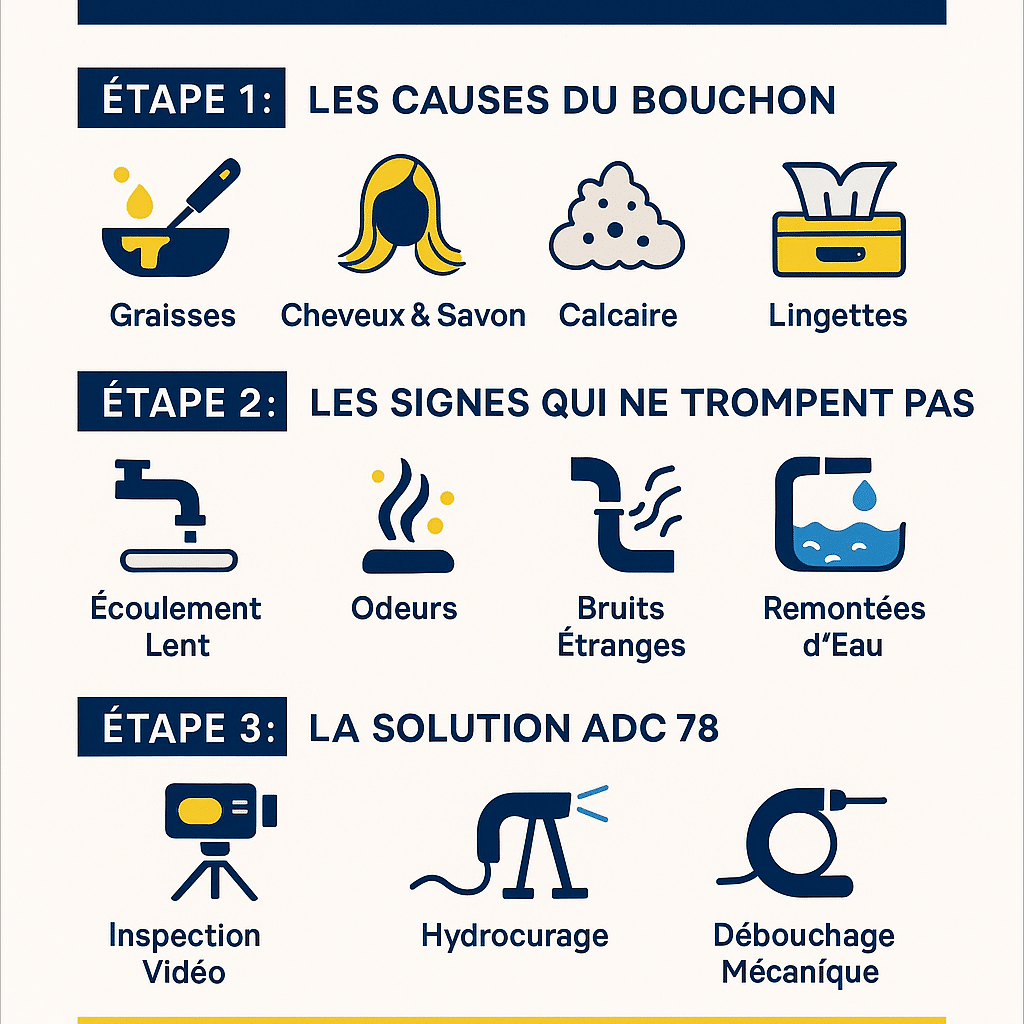 Infographie guide sur le débouchage de canalisation à Versailles : présente les causes (graisse, calcaire), les signes (écoulement lent, odeurs), et les solutions professionnelles comme l'hydrocurage.