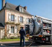 Technicien avec camion de débouchage effectuant une intervention de débouchage canalisation à Rambouillet